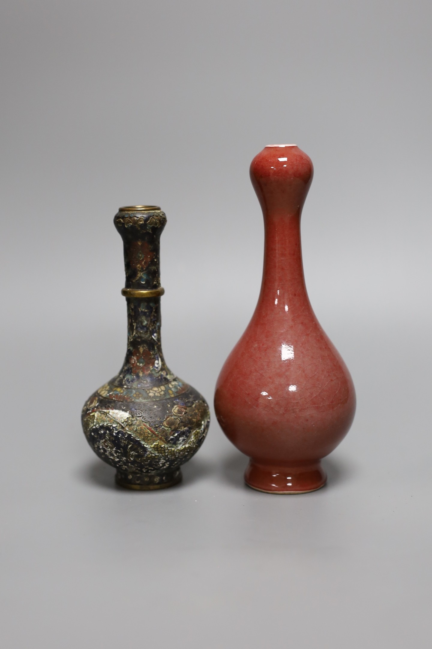 A Chinese Ming cloisonne vase and a red gourd vase, tallest 18cm tall